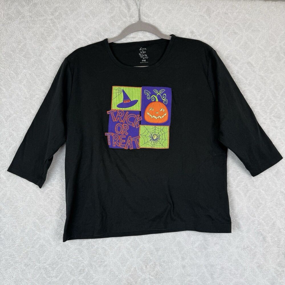Halloween Patchwork Trick or Treat Shirt Petite M Pumpkin Witch Novelty Holiday